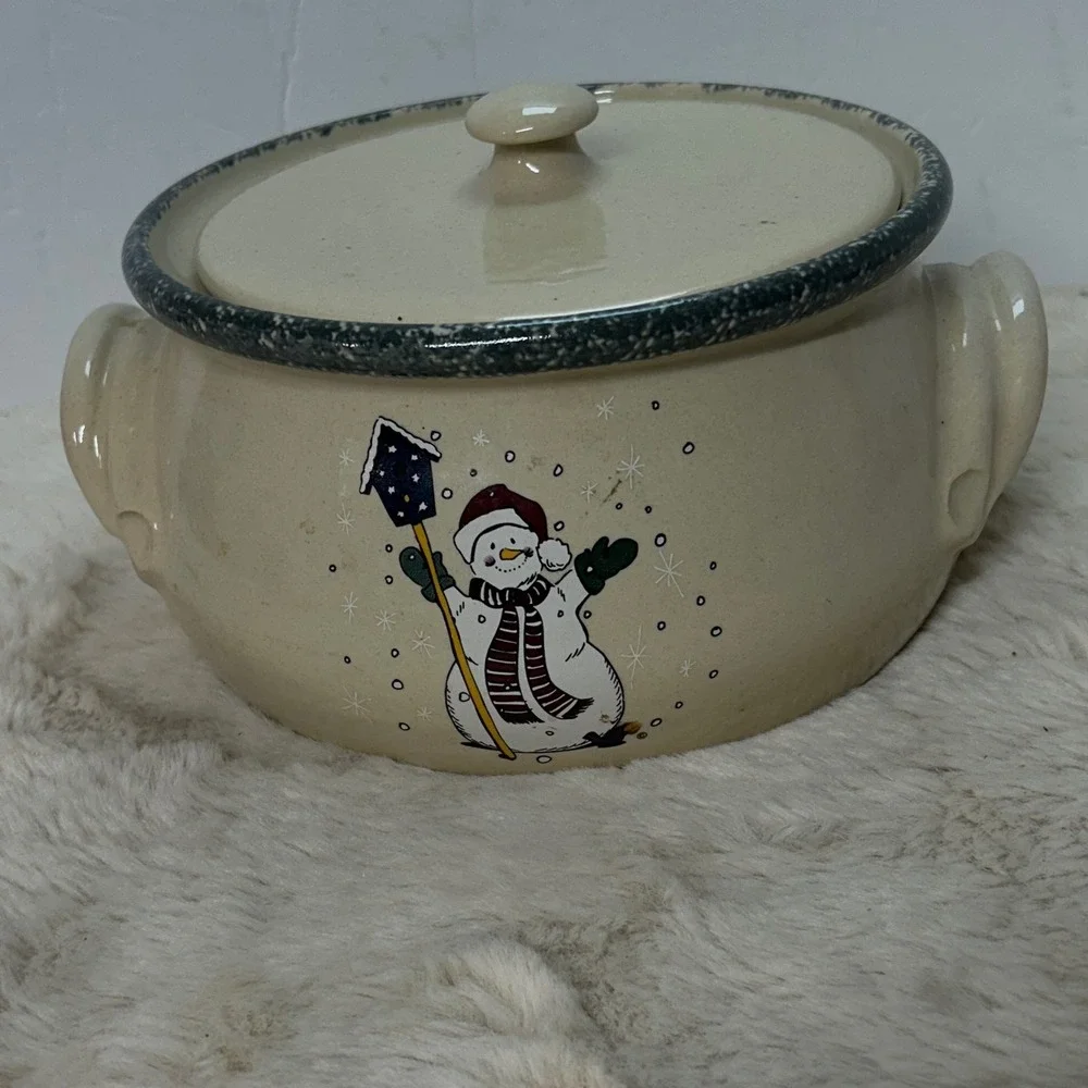 Home Garden Party Ceramic Covered Casserole Dish Snowman‎ Winter Holiday